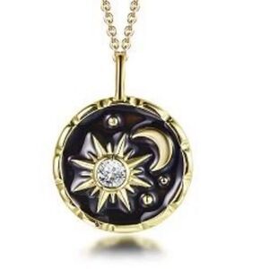 New Sterling silver 14k plated cubic zirconia black enamel moon star 18”necklace